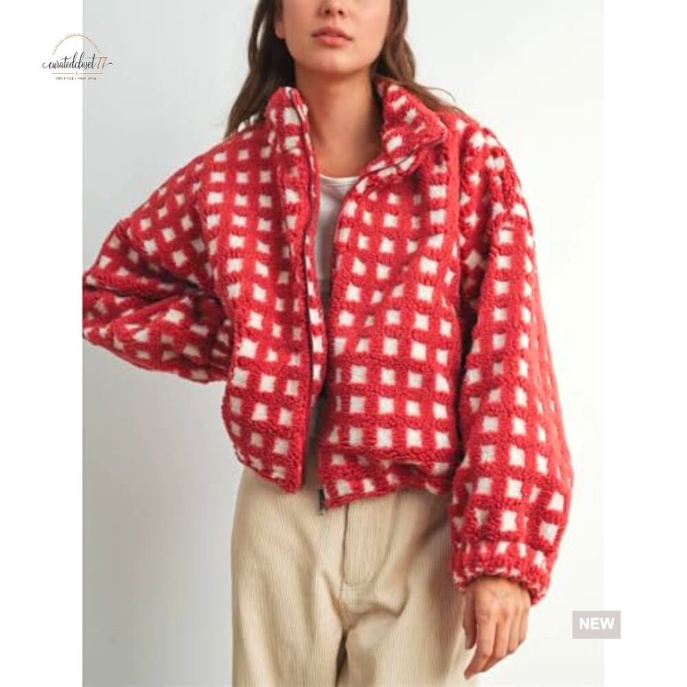 Cropped Sherpa Jacket Plaid Fleece Zip Up Casual Long Sleeve with Pockets - Picture 2 of 7